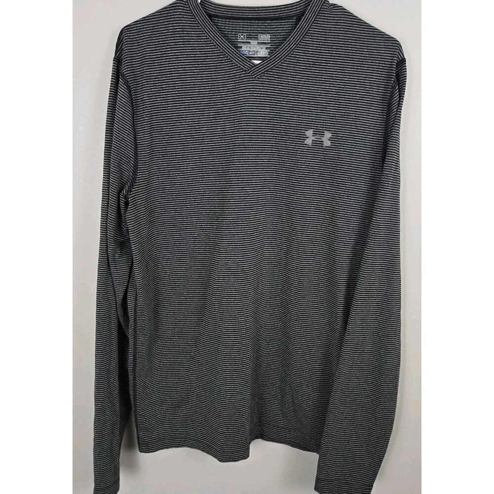 Under Armour Shirt Mens LargeGray Long Sleeve COLDgear Striped Outdoors Run A4